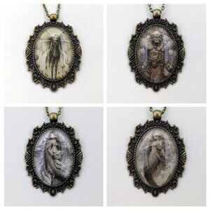 Handmade Brass Photo Pendant - Mythological Art Glass Cabochon Necklace LG Oval